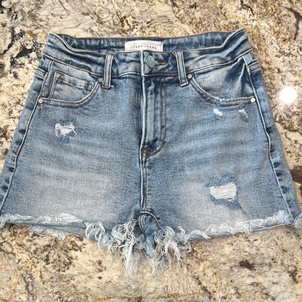 Risen Light Blue Distressed High-Rise Denim Shorts